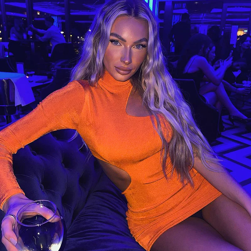 

Zoctuo One Shoulder Mini Dress for Women Solid Long Sleeve Hollow Out Bodycon Sexy Party Elegant Club Festival Dresses Vestidos