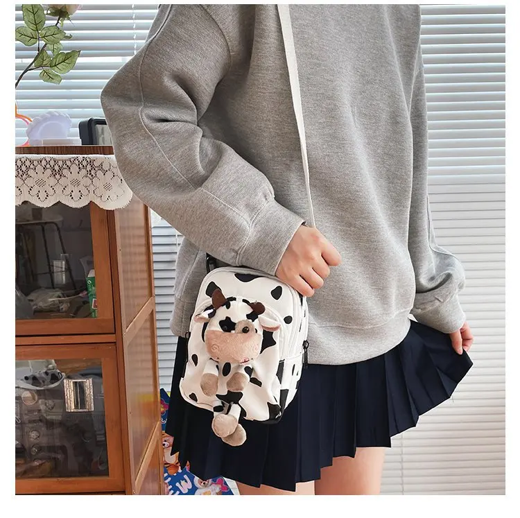 

Canvas Bags Cell Phone Bag for Student Funny Cow Print Crossbody Shoulder Bag Female Cartoon Messenger Mini Handbags