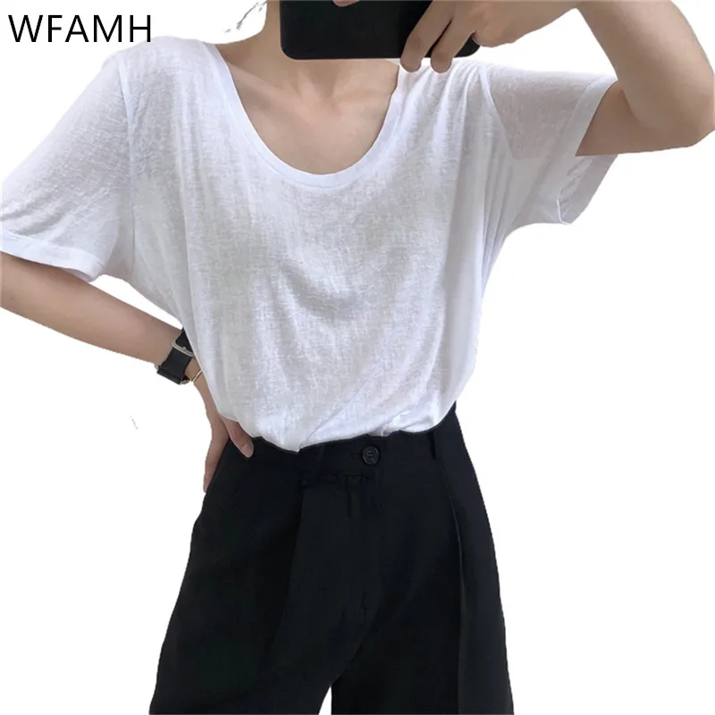 

2021 Summer New Fashion Lazy Bamboo Knot Basic Solid Color U-neck Short-sleeved T-shirt Loose And Thin Cool Top Women Polyester