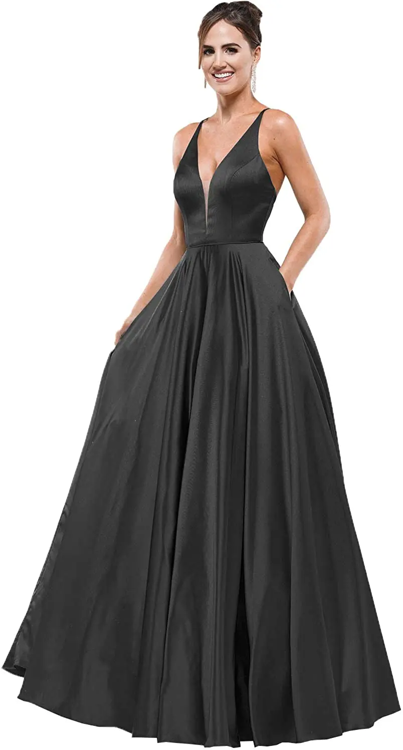

Women's V-Neck Satin Prom Dress with Pockets Long Open Back Formal Evening Ball Gown Satin Dress Party Formal