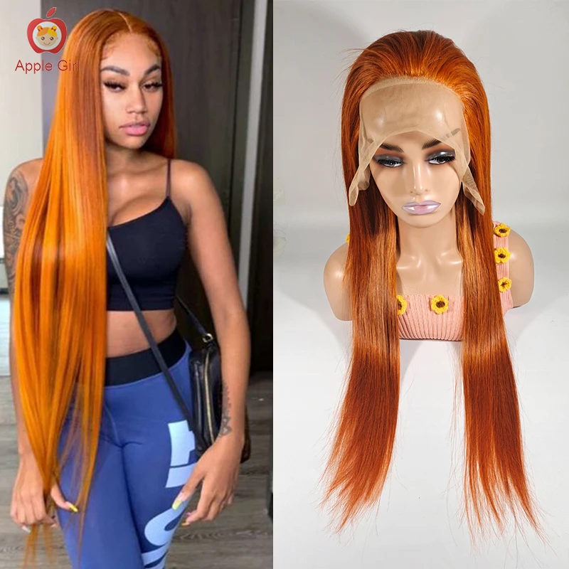 32 InchTransparent Lace Front Wig Orange Color Brazilian Straight Human Hair Lace Frontal Wigs 180% Density 13x4 SIZE