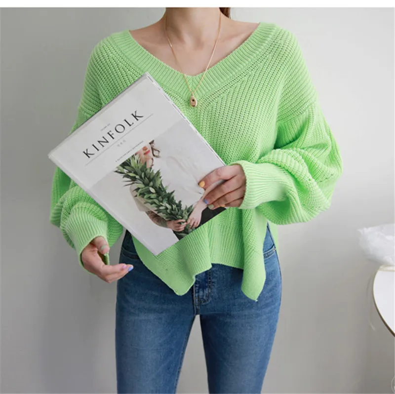 

Женский пуловер RUGOD Ins, однотонный пуловер с v-образным вырезом и длинными рукавами в Корейском стиле, модный шикарный женский наряд