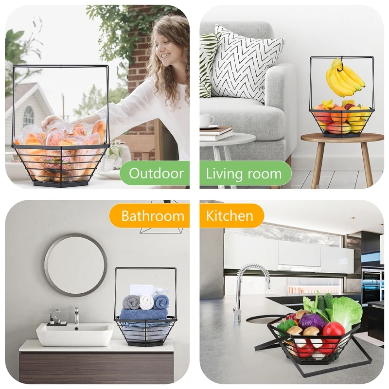 

Hexagon Metal Wire Frame Fruit Bowl with Bandana Holder Hanger Vegetables Desktop Basket Display Stand Kitchen Countertop G2AA