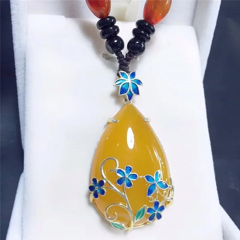 

LETSFUN Fine Jewelry 925 Silver Inlaid Natural Chalcedony Cloisonne Flowers Pendant Necklace Sweater Chain Gifts Free Shipping