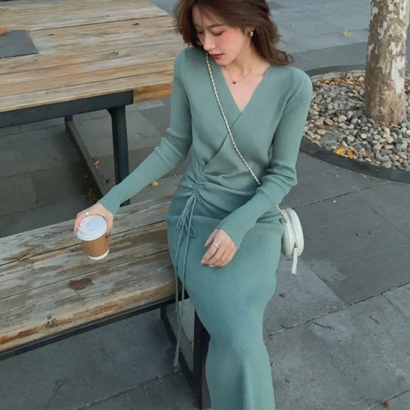 

Женское трикотажное платье-свитер, Повседневное трикотажное платье с V-образным вырезом и кулиской, в стиле ретро, Осень-зима 2021