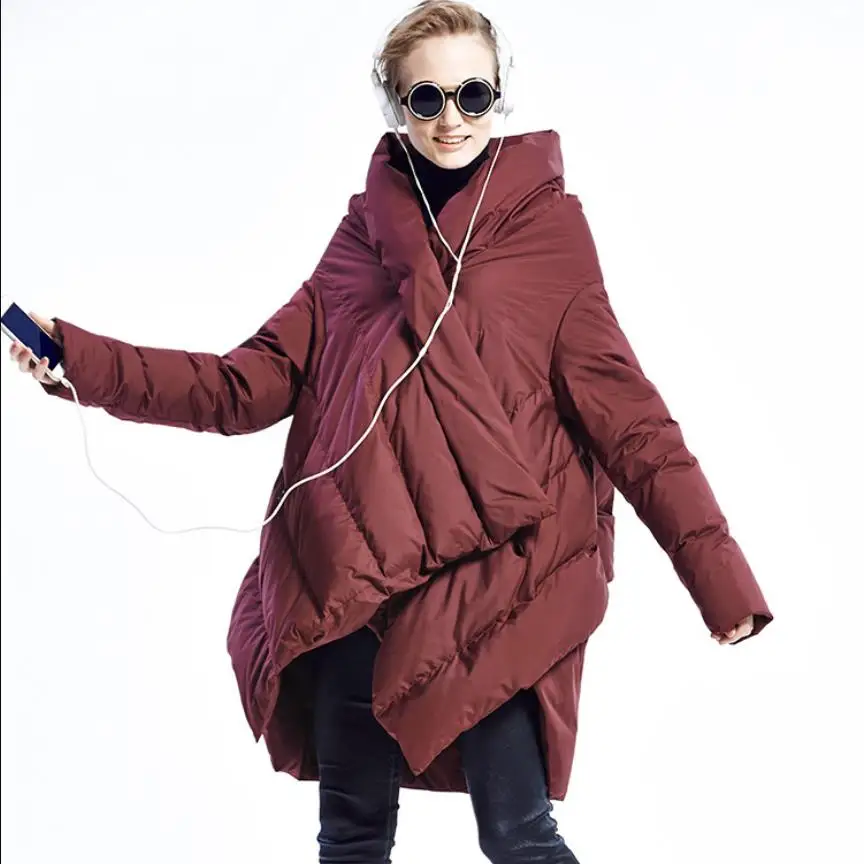 

Зимний модный бренд, Асимметричная Длина, выше колена, длинное пальто на утином пуху, женский плащ, стильный дизайн, теплые пуховые парки, wq638