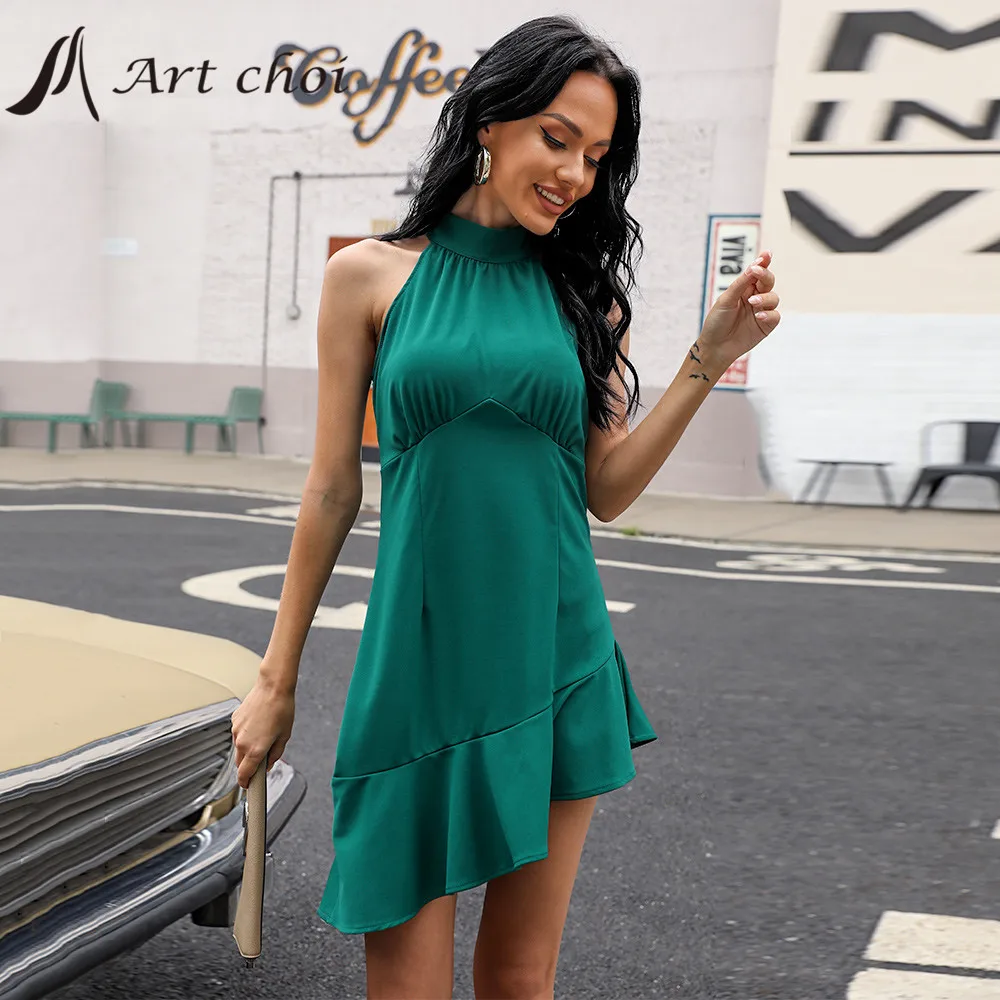 

Summer Mini Ruffles Halter Dress Floral Skirt Women Beach Sexy Sleeveless Backless Sundress Vestido Boho Party Bodycon Dresses