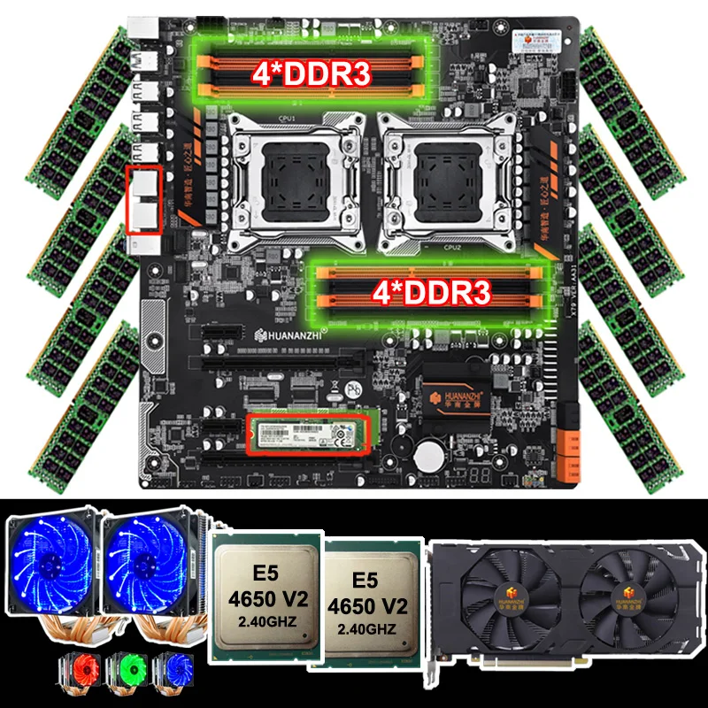 Материнская плата HUANANZHI dual X79 256 Гб SSD два процессора Xeon E5 4650 V2 с кулерами ОЗУ 128 ГБ