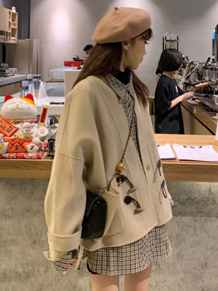 

Women Fashion With Loose Woolen Jacket Coat Vintage Long Sleeve Side Pockets Female Outerwear Chic Overcoat Short Trench Tops