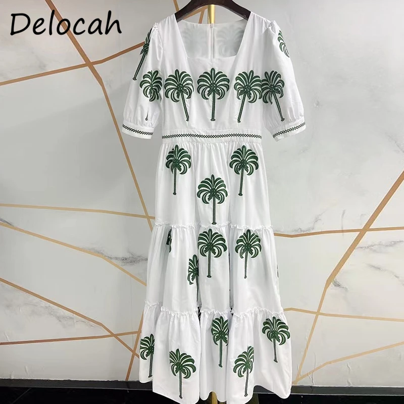 

Delocah/весенние женские модные дизайнерские вечерние платья трапециевидной формы с коротким рукавом и высокой талией, с вышивкой, элегантные ...