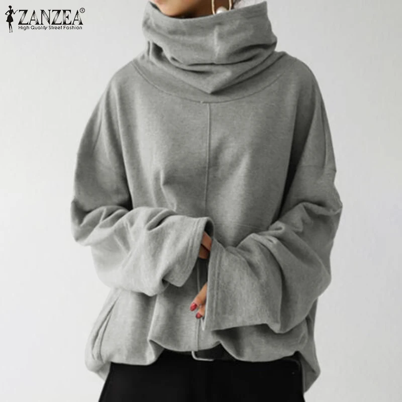 

ZANZEA 2021 Stylish Turtleneck Hoodies Women's Autumn Sweatshirts Long Sleeve Pullovers Female Casual Stiching Solid Traksuits