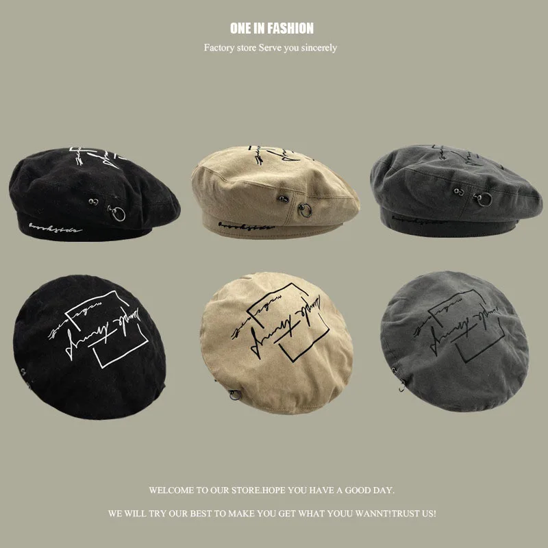 

2021 New Fashion Trend Beret Black Grey Khaki Men and Women Lie Fallow Beret Sunshade Letters To Decorate Women Hats Wholesale