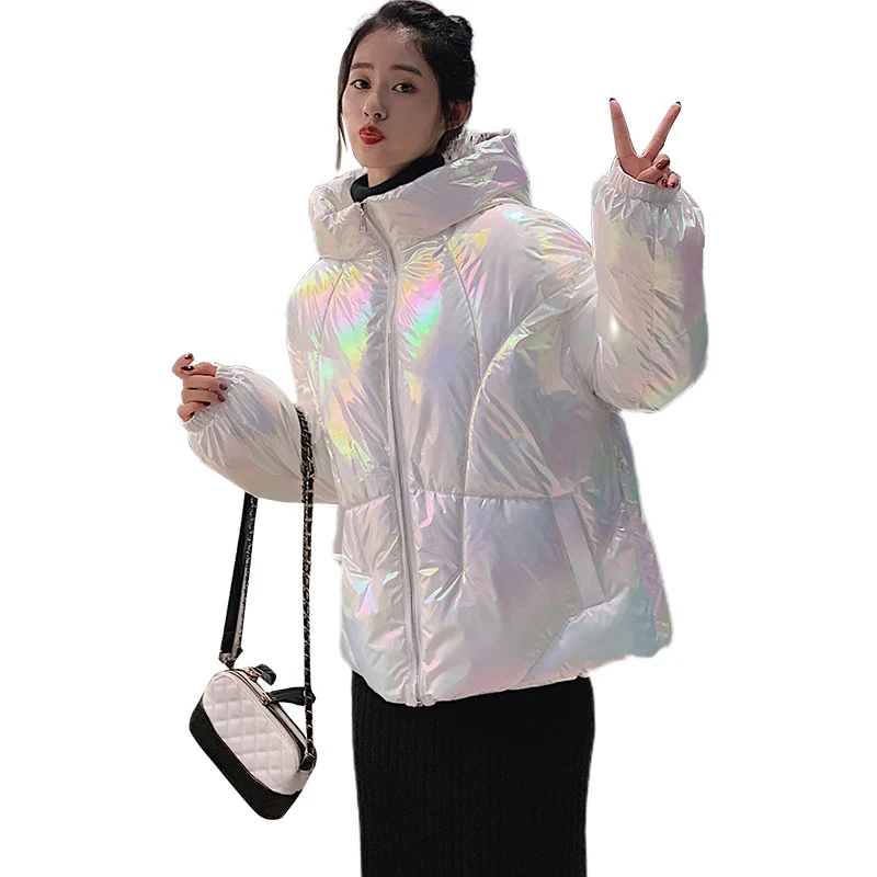 

2020 Winter Laser Hologram Rainbow Colorful Cotten Blended Thick Coat Fashion Chic Women's Warm Loosen Hooded Jacket