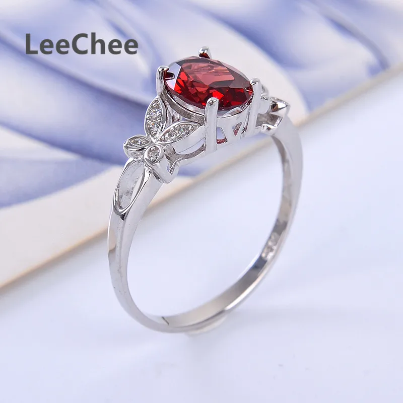 LeeChee 100% натуральный гранат кольцо из стерлингового серебра 925 пробы красное вино
