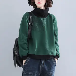 Женская укороченная толстовка, винтажная толстовка с вышивкой в стиле Харадзюку, из хлопка и флиса, с высоким воротником, размера плюс, осенняя женская одежда