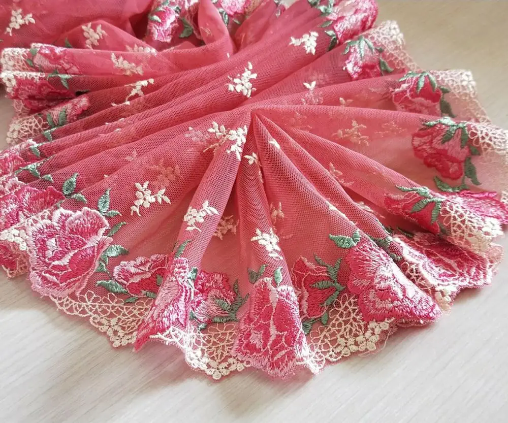 Великолепная Тюлевая кружевная отделка ярко красные цветочные Вышитые зубчатые