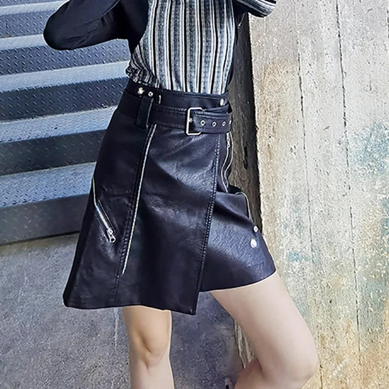 

SHENGPALAE Personality Zipper Sashes Skirt Women's Spring And Summer 2021 New High Waist Sexy Tide Mini PU Leather Skirt 5B45