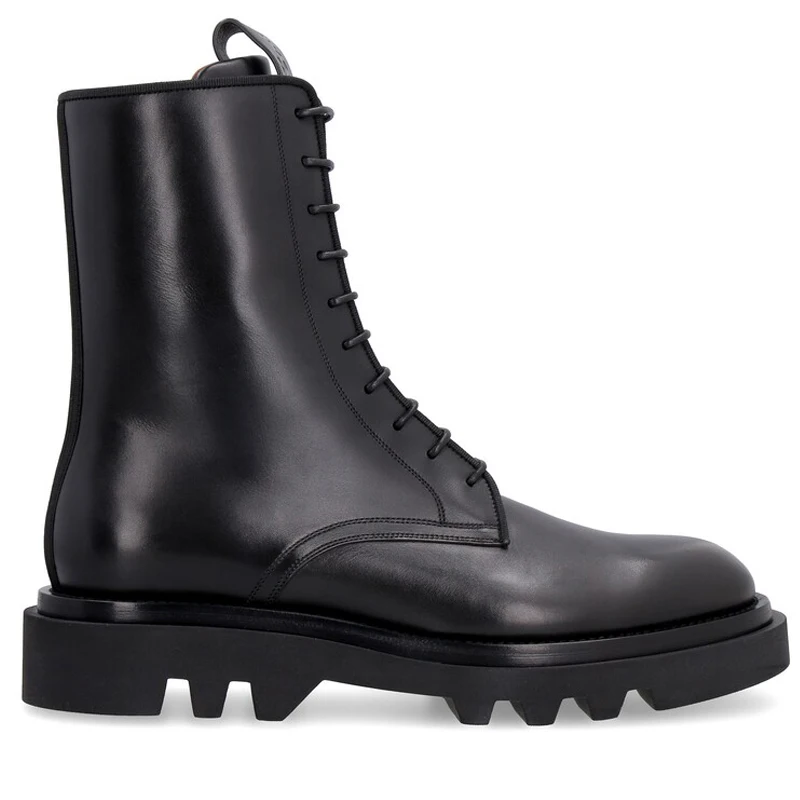 

Ботинки мужские черные из телячьей кожи, на шнуровке, с резиновой подошвой