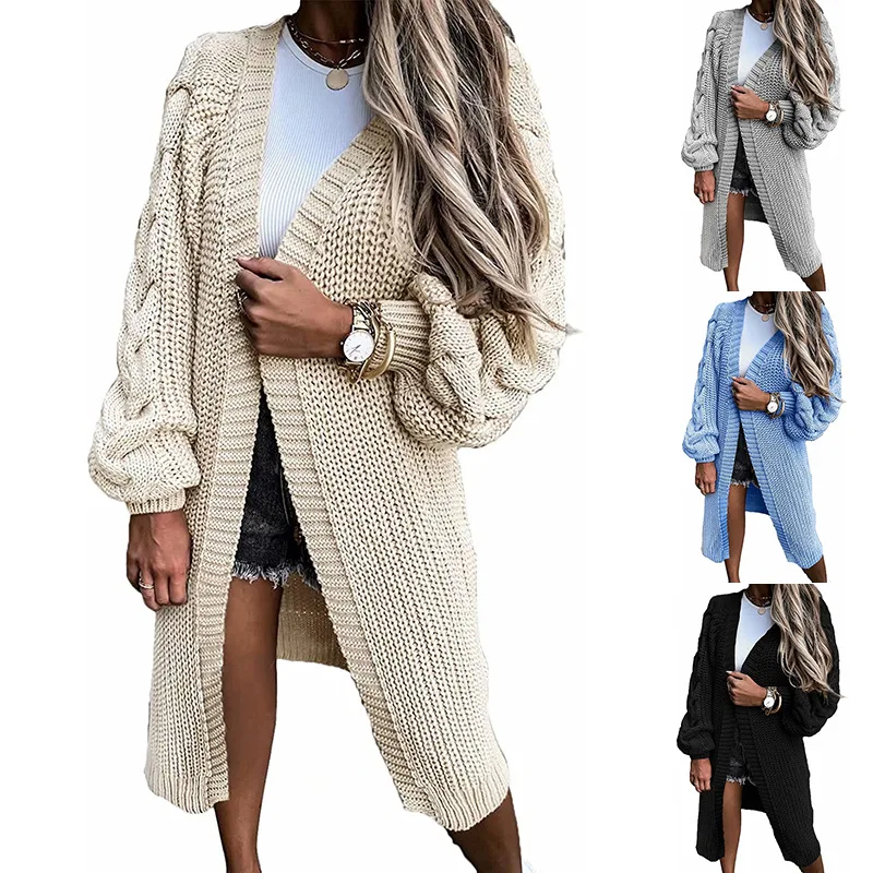 

Knitted Twist Cardigan Sweater Women Solid Color Long Lantern Sleeve Jacket 2021 Autumn and Winter