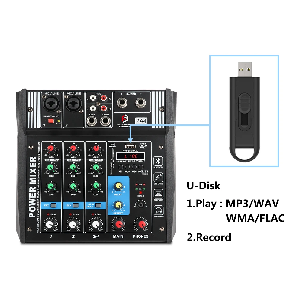 PA4 4 канала аудио миксер звук микшерная консоль с Bluetooth USB Запись 48В фантомный