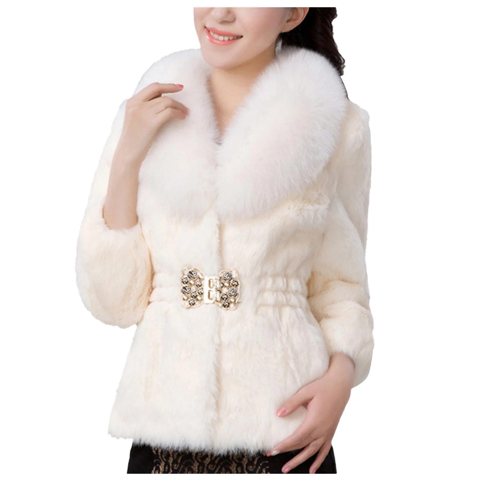 

Coats Women Winter Top Fashion Faux Fur Coat Elegant Solid Color Thick Warm Outerwear Turn-Down Collar Belt Jackets Female