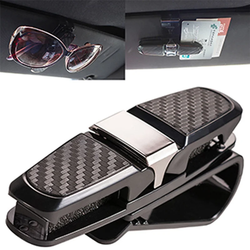 

Car Sun Visor Glasses Holder Sunglasses Card Ticket Case Clip Carbon Fiber Style Black Interior Parts Universal Car Accessories