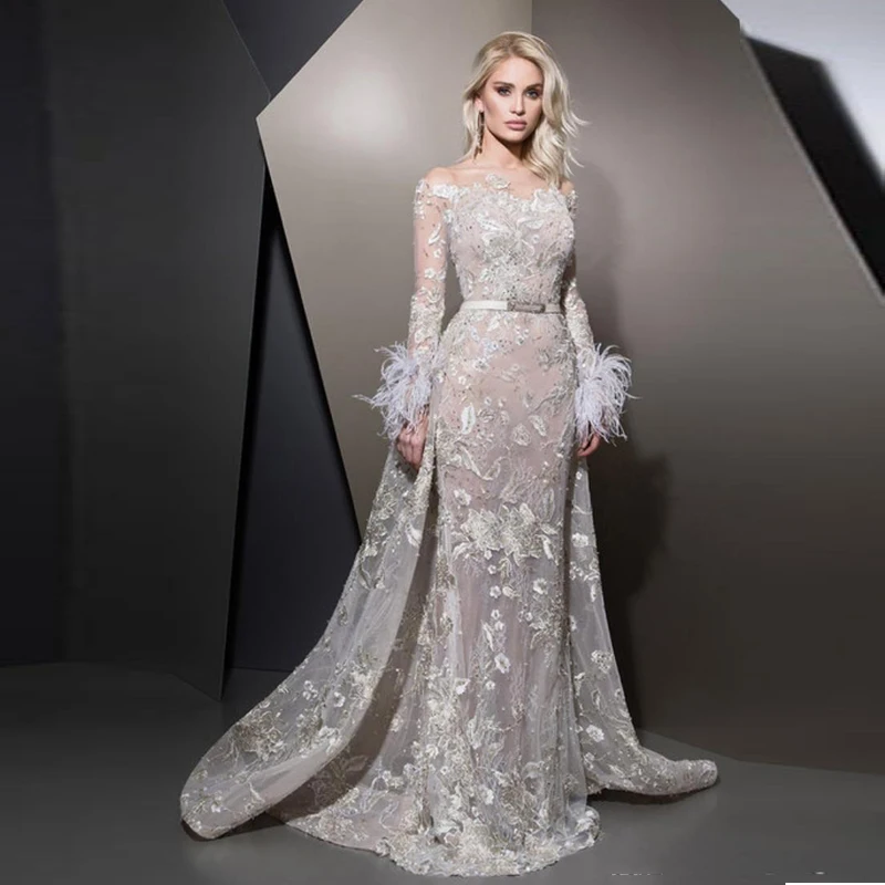 same as image Дубай Аппликация Кружева Выпускные платья vestidos de gala Overskirt с длинным рукавом перо очаровательные развертки Поезд Формальные Вечерние платья - Цвет: same as image