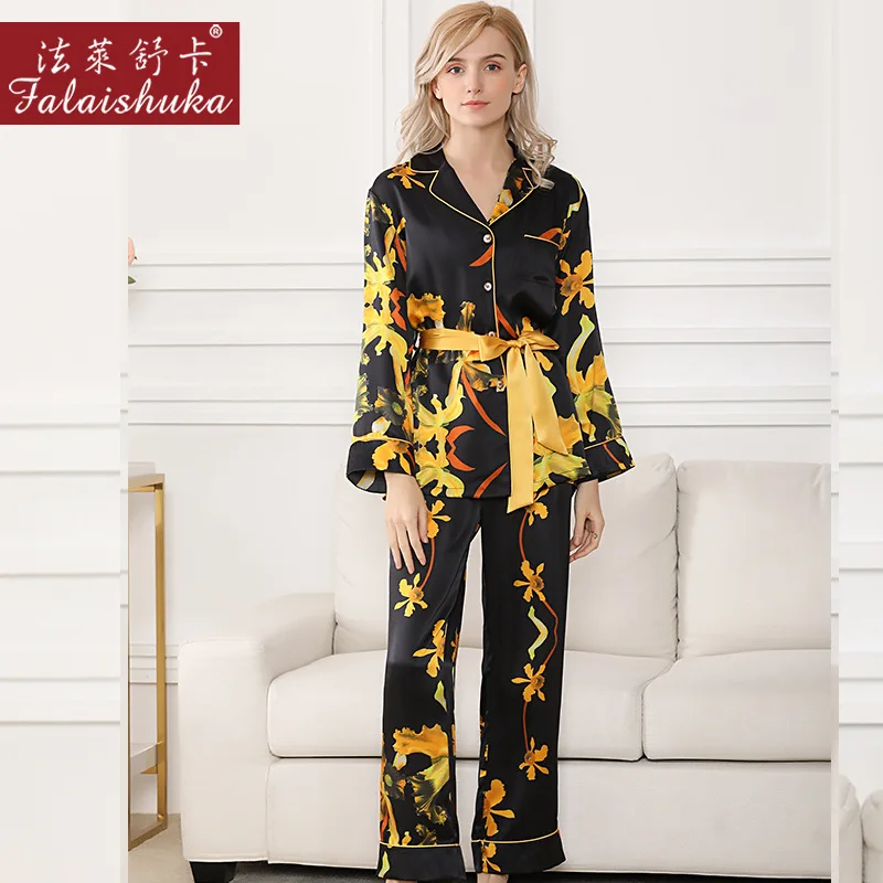 Silk Stain Pajamas 2020 Flower Print Full Sleeve Woman Spring Summer New Homewear 100% Silk Sleepwear Sets Home Wears XL