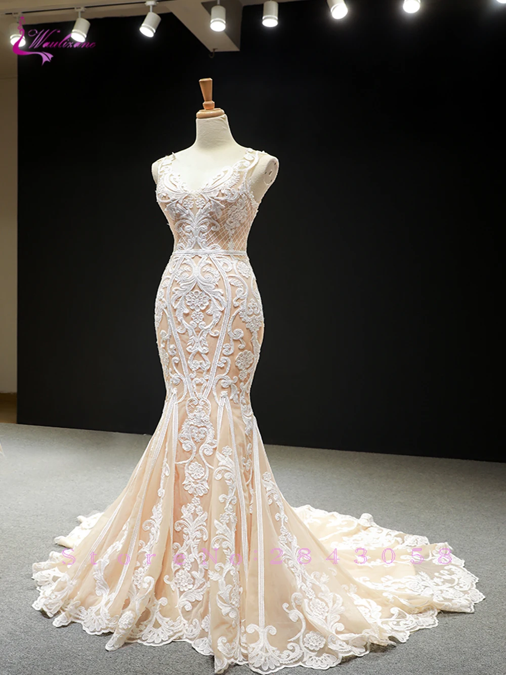 Waulizane симметричный кружева шампанского Русалка свадебное платье без рукавов, роскошная, для невесты платье