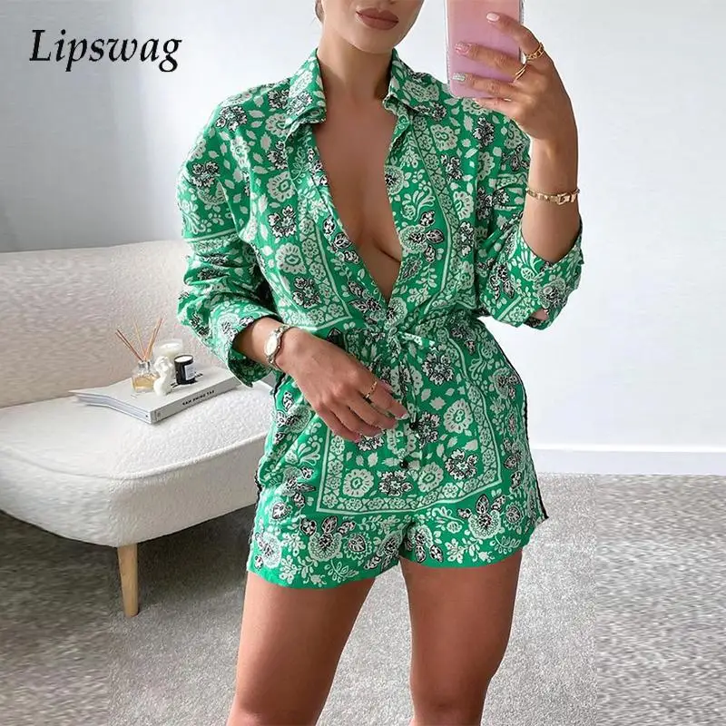

Casual Two Piece Set Women Elegant Turn-down Collar Floral Print Shirt Top + Shorts Outfit Lady 2021 Autumn Fashion Lace-Up Suit