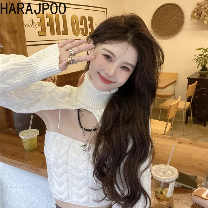 

Women Harajpoo Pullover Sexy Harajuku Long Sleeve Turtleneck Sweater Shawl Camisole Knit 2piece Suit Fall Streetwear Clothing