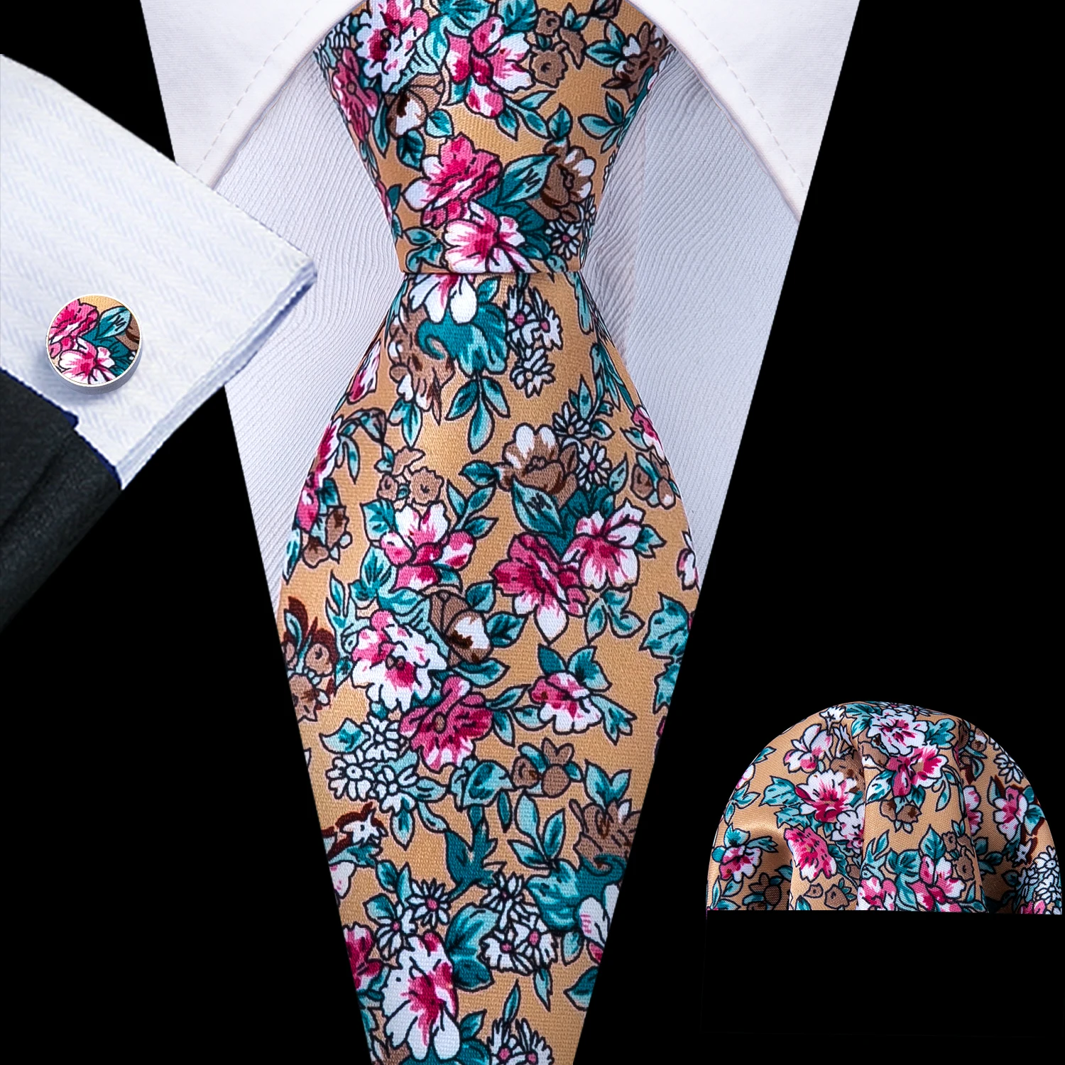 

Fashion Yellow Pink Print Men Tie Set Silk Jacquard Floral Necktie Wedding Business Handkerchief Tie Barry.Wang Designer FA-5373
