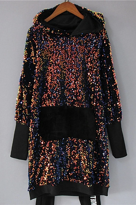 Bingbing женское платье с капюшоном и блестками длинным рукавом блестящее модная