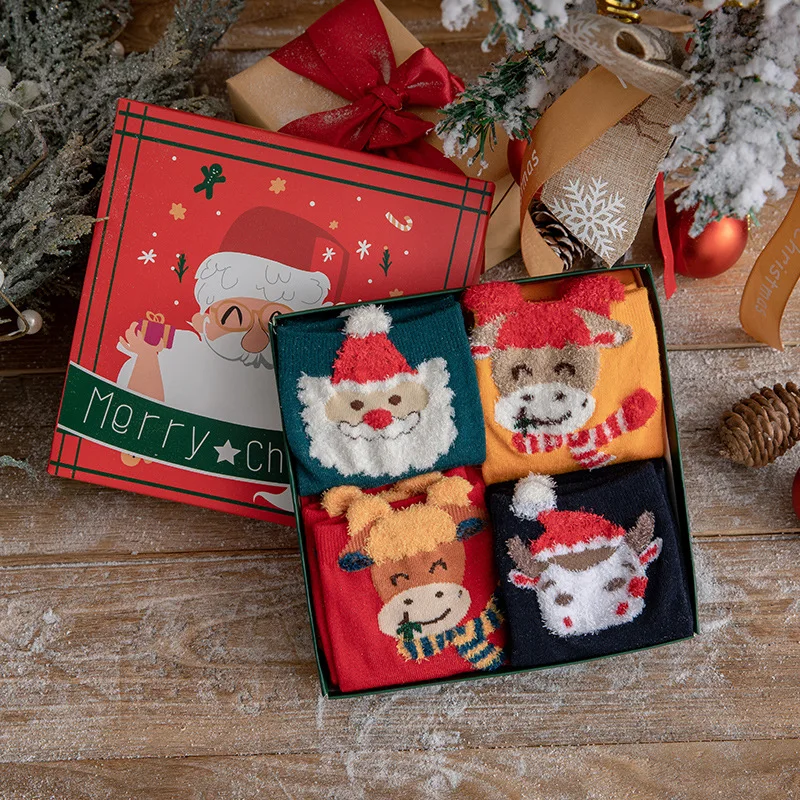 

4 Pairs of Women's Socks Gift Box Big Red Festive Kawaii Christmas Couple Socks Gift Cartoon Medium Tube Cotton Socks