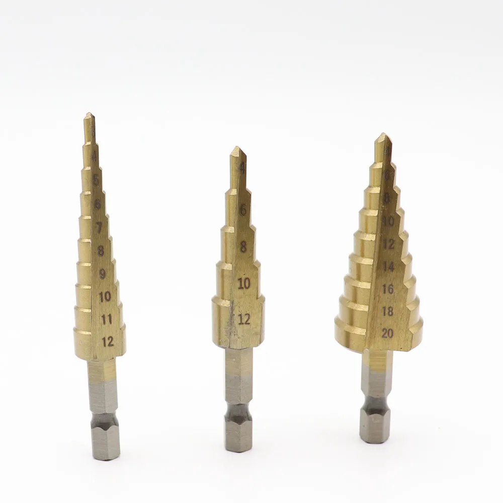 

Набор ступенчатых сверл 3 шт., из быстрорежущей стали с титановым покрытием, метрические, 3-12, 4-12, 4-20 мм, Коронка по дереву