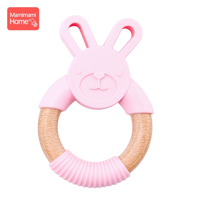 Pink Rabbit Ring Mamihome Baby Wooden Teether Animal Ring Silicone Rodent Beech Wooden Blank Rabbit Ears baby products Toys Pacifier Pendant Gift - Цвет: Pink Rabbit Ring