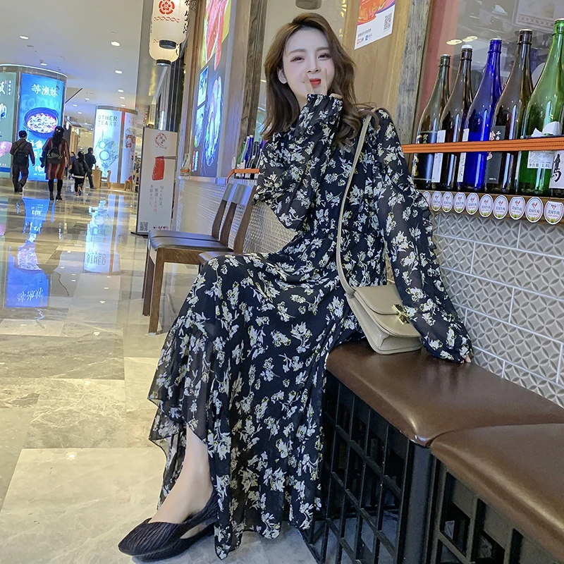 

YAMDI a-line spring summer vintage dresses woman long sleeve elegant korean 2020 midi dress women party print floral high waist