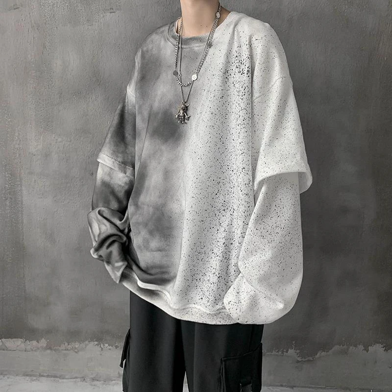 

Autumn Tie Dye Fake Two Long Sleeve Men Tshirts Spliced O Neck Loose Fashion Clothing Grey Woman Oversized Punk Streetwear Twice