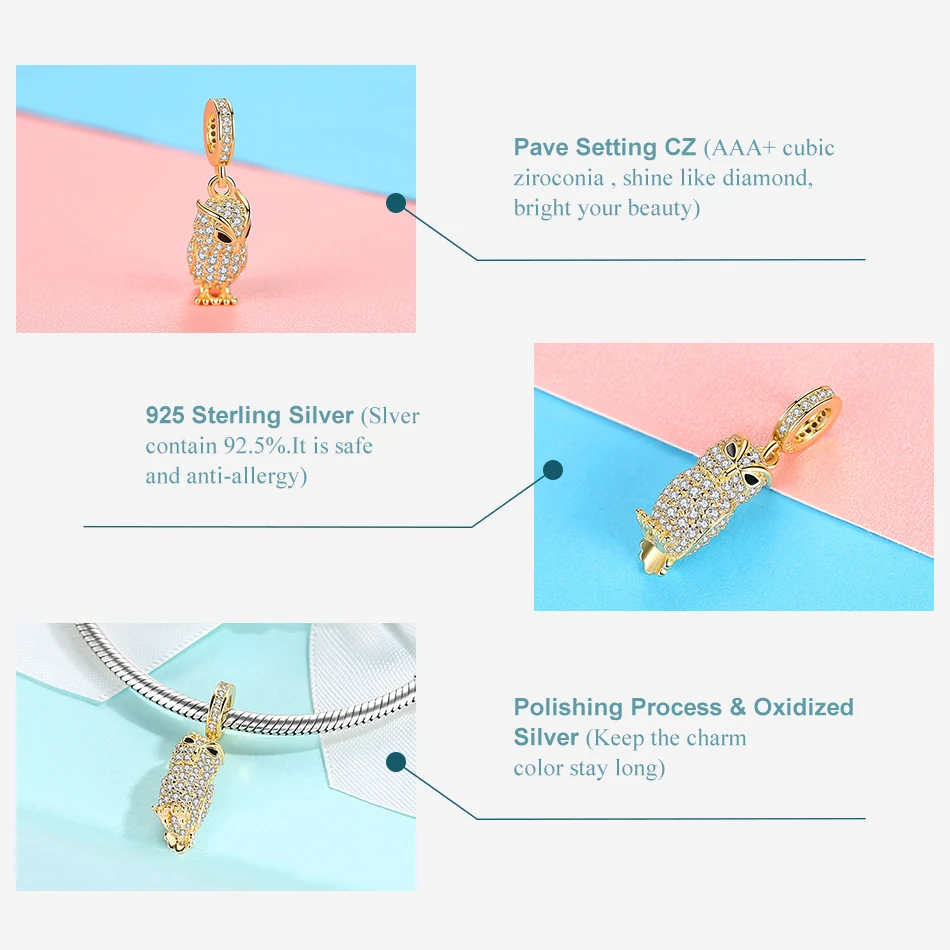 100% 925 стерлингового серебра Сова Серьги Подвески золото кубического циркония