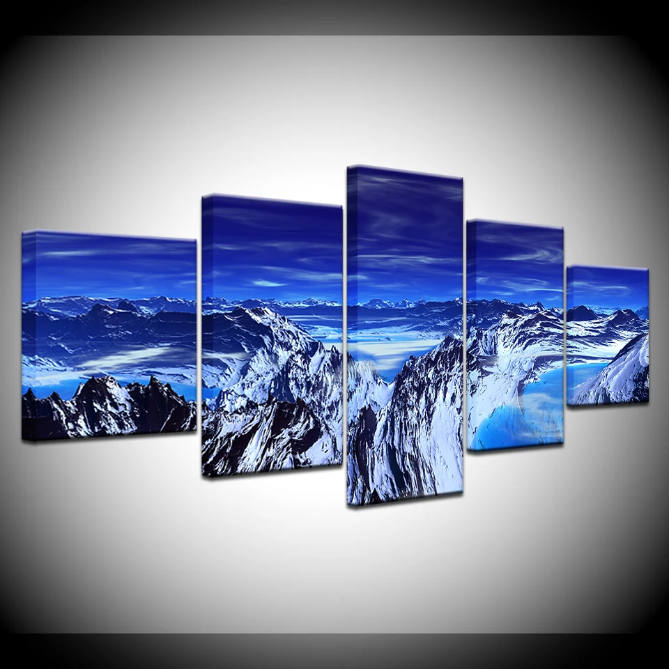 

Modular Poster Canvas Pictures Wall Art HD Prints 5 Pieces Blue Aurora Borealis Snow Mountain Paintings Framed Decor Modern Room