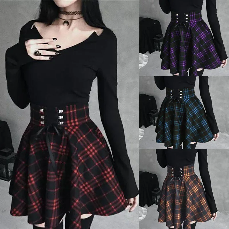 

New High Waist Above Knee Mini Skirt Women Vintage Summer Preppy Style Irregular Plaid Half-Length Skirt Bandage Tunic Skirt