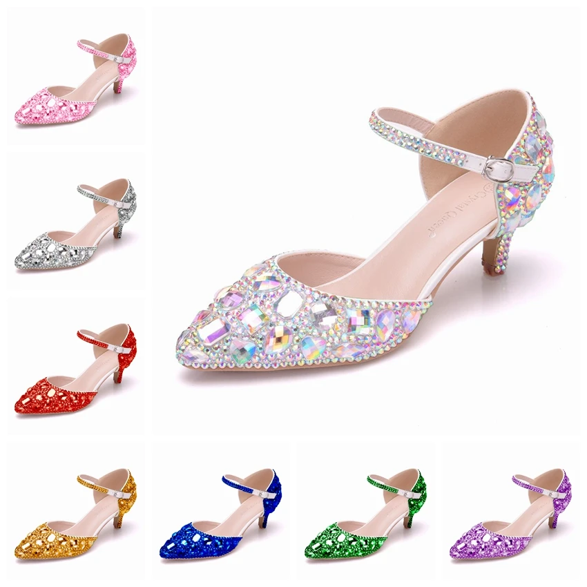 

Crystal Queen Sexy Women's High Heel Sandals Ankle Strap Pumps Rhinestone Wedding Woman Dress Bridal Shoes 5cm