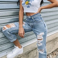 ripped jeans for teen girls 2021 new fashion high street button high waist pockets elastic hole straight jeans slim denim pants