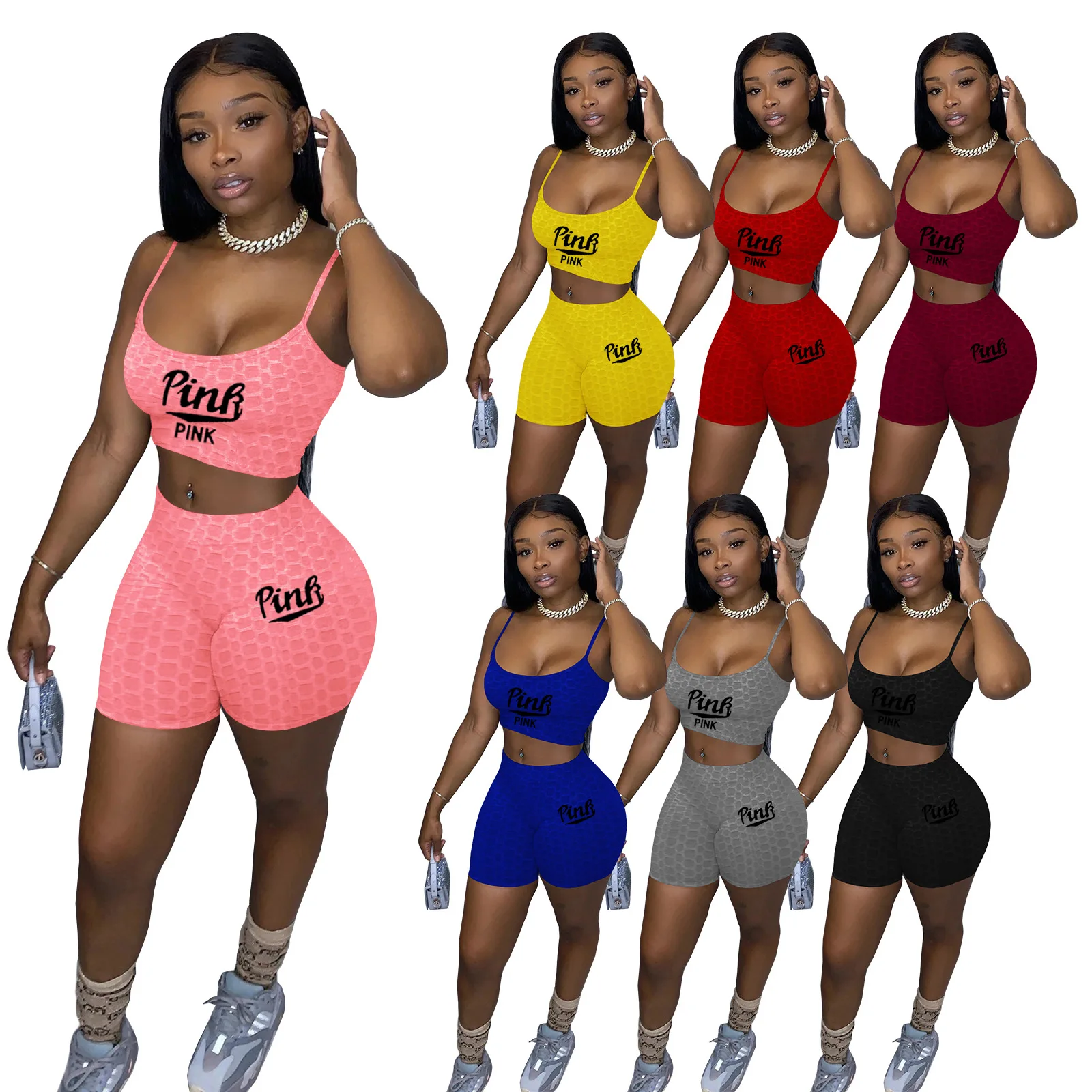 

Women Set Letter Print Spaghetti Strap Crop Tops Sheath Elastic Shorts 2 Piece Set Female Tracksuit Summer Casual Outfit