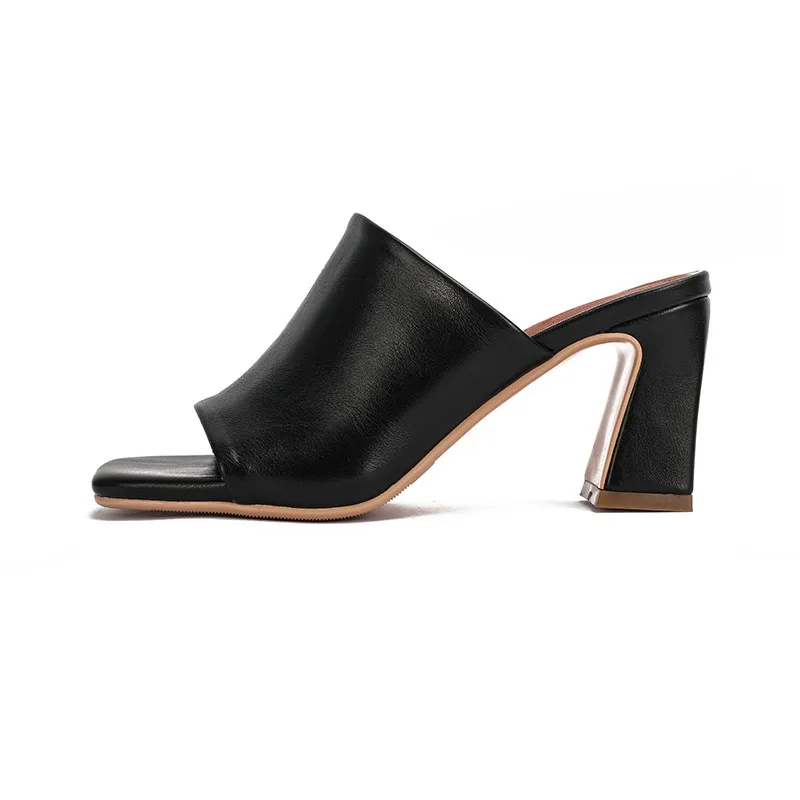 

Women Slippers Sandals Free Shipping Outdoor Female Shoes 2021 Summer Pu Leather Peep Toe Block High Heels 8cm Slides Size 41 42