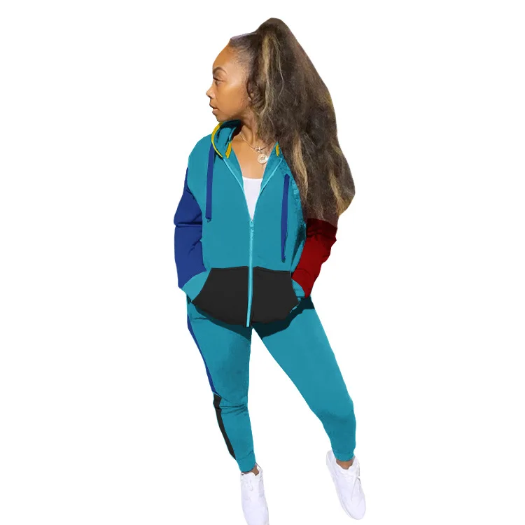 

Tracksuit Women 2 Piece Set Zipper Up Hoodies Skinny Sweatpants Fitness Casual Jacket Jogger Wear Work Out Color Patchwork Suits
