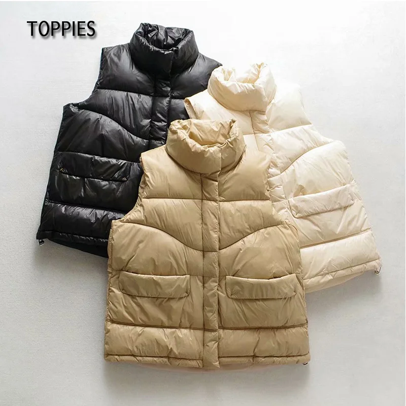 

Toppies Winter Cotton Padded Vest Women's Sleeveless Puffer Jacket 2021 Autumn Casual Stand Collar Zipper Coat Parkas