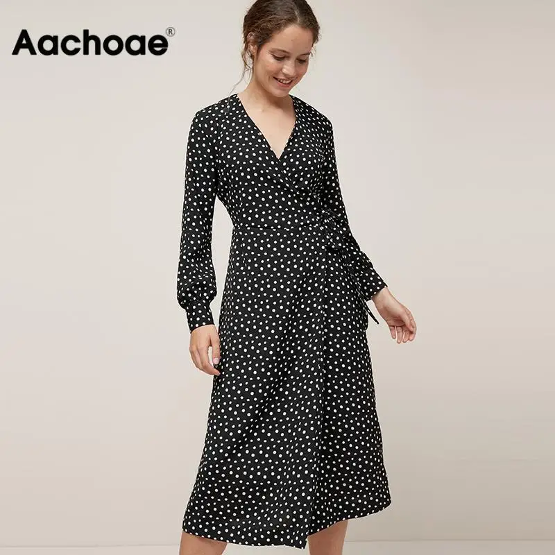 Платье Aachoae женское винтажное в горошек повседневное длинное вечернее с запахом V
