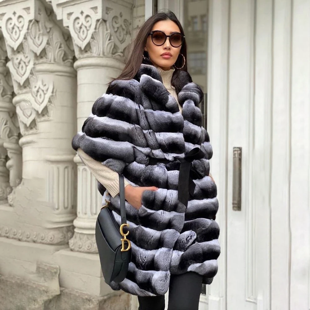 80cm Long Real Rex Rabbit Fur Coats for Women 2022 New Genuine Full Pelt Chinchilla Color Rex Rabbit Fur Jackets Stand Collar