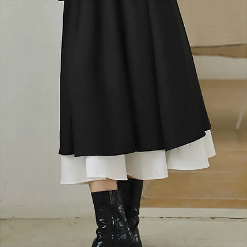 

Skirts Women Autumn Chic Patchwork Design Elastic Waist All-match Vintage Ladies Long Skirt Empire Korean Holiday Femme Clothing